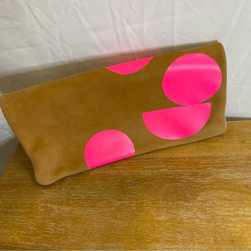 CLARE V fold over clutch leather w neon pink dots